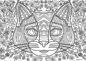 Coloriage tete chat avec fond fleuri