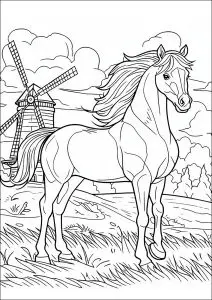 Cheval à La Crinière Dans Le Vent, Avec Un Moulin En Arrière Plan