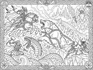 Dieux et créatures en combat mythologique. Des dieux se battent sur des chevaux contre un loup géant et un serpent de mer. Un autre duel a lieu sur une falaise.