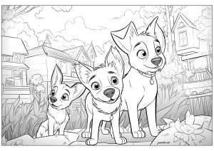 Trois chiens dessinés avec le style Disney - Pixar