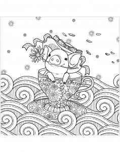 Coloriage cochon tasse vagues 1