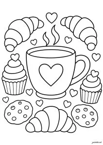 Tasse avec croissants et cupcakes