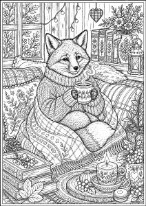 Renard en pull dans un salon cosy