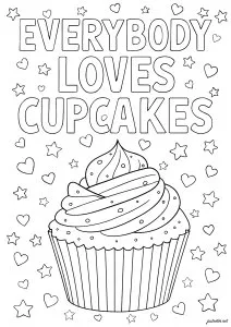 Tout le monde aime les cupcakes !. Cette illustration représente un cupcake délicieux entouré de cœurs et d'étoiles, avec un texte avec lequel tout le monde sera d'accord ! Tout le monde aime les cupcakes !