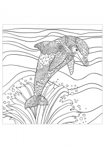 Coloriage adulte dauphin vagues mer
