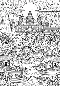 Dragon stylisé sur une rivière. Un dragon décoratif dans l'eau avec un temple en arrière-plan et plusieurs barques remplies de fruits autour.