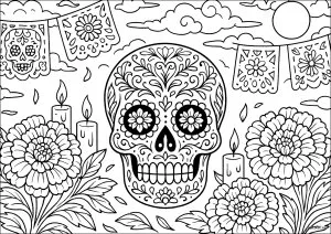 Calaveras avec fleurs et drapeaux