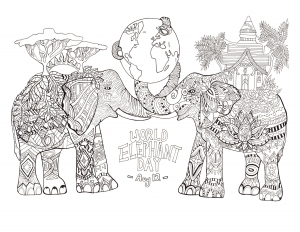 Coloriage adulte jour mondial des elephants 1