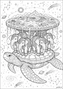 Tortue portant des éléphants et une terre. Une grande tortue avec des éléphants debout sur son dos, soutenant une terre plate avec des montagnes et des arbres.