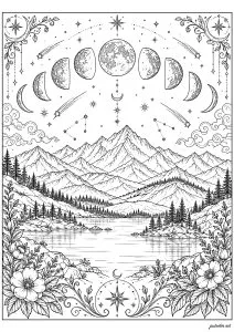 Paysage de montagnes avec phases de lune. Des montagnes entourent un lac, avec des phases de lune et des étoiles au-dessus.