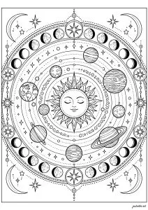 Soleil entouré de planètes et lunes. Un soleil avec un visage au centre, entouré de diverses planètes et phases de la lune, disposés en cercle.