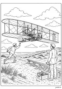 Premier vol des frères Wright - 17 décembre 1903. Cette scène représente le premier vol motorisé contrôlé des frères Wright, réalisé le 17 décembre 1903 à Kitty Hawk, en Caroline du Nord. On y voit leur avion Wright Flyer s’élever au-dessus du sol tandis que les deux inventeurs assistent à ce moment historique qui marque le début de l’aviation moderne.