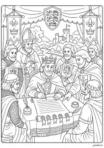 Magna Carta - 15 juin 1215. Cette scène illustre la Magna Carta, grande charte scellée le 15 juin 1215 par le roi Jean d’Angleterre à Runnymede, sous la pression des barons. Ce texte historique est célèbre pour avoir limité pour la première fois certains pouvoirs du roi et posé les bases de principes essentiels comme le respect de la loi, la protection contre l’arbitraire et certains droits des sujets.