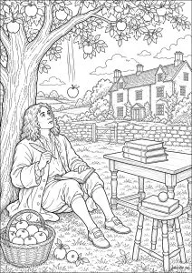 Isaac Newton découvrant la gravitation universelle grâce à sa fameuse pomme, en 1666