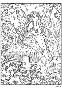 Fée assise sur un champignon géant. Une fée assise sur un grand champignon, entourée de fleurs et avec un château en arrière-plan.