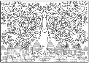 Coloriage arbre au sommet colline