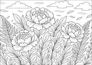 Pivoines élégants. Trois pivoines majestueuses déploient leurs pétales délicats au milieu d'un feuillage luxuriant. Une brise légère anime les fougères et les fleurs sauvages dans cette scène au charme vintage. Pivoines élégants