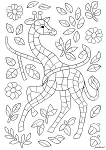 Girafe stylisée dansant parmi les fleurs. Une girafe joueuse s'élève parmi des feuilles et des fleurs, créant une scène joyeuse et vivante.
Coloriez chaque zone avec les couleurs de votre choix, selon l'inspiration du moment. Girafe Stylisée Dansant Parmi Les Fleurs