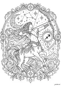 Centaure tirant à l'arc sous les étoiles. Un centaure avec des cheveux longs tire à l'arc. Des constellations et une lune sont en arrière-plan, entourés de motifs décoratifs.
