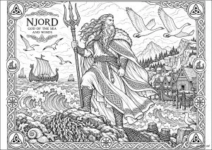 Homme barbu tenant un trident sur des rochers. Un homme barbu avec un trident se tient sur des rochers au bord de la mer. En arrière-plan, il y a des bateaux, des maisons et des montagnes.