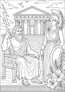 Zeus et athéna devant le temple grec