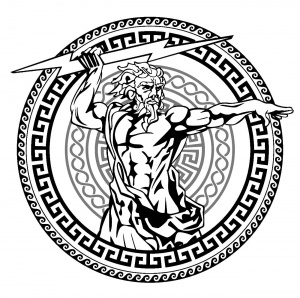 Le Dieu de la Mythologie Grecque Zeus, dans un cercle comportant des motifs typiques