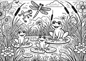 Grenouilles et grande libellule