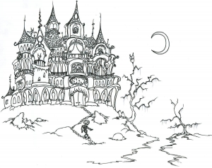 coloriage-halloween-chateau-et-squelette