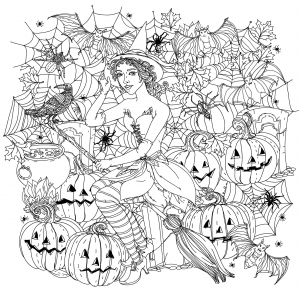 coloriage-halloween-sorciere-avec-citrouilles-par-mashabr