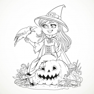 coloriage-halloween-sorciere-souriante-et-corbeau-par-azuzl