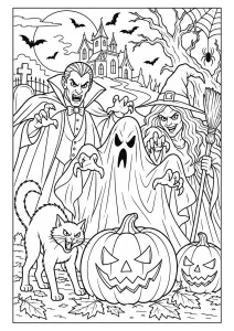 Vampire, sorcière et fantôme au manoir. Un vampire aux canines apparentes, une sorcière au chapeau pointu et un fantôme menaçant posent devant un manoir sur la colline, entourés de citrouilles sculptées, d’un chat hirsute, de chauves-souris, d’une tombe et d’un arbre noueux.