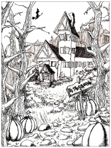 Coloriage maison hantee et citrouille d halloween