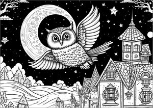 Coloriage hibou nuit etoilee joli village isa