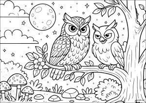 Hiboux veillant sous la lune. Deux hiboux perchés sur une branche, entourés d'étoiles et de champignons. Un ciel étoilé avec une lune lumineuse en arrière-plan. Hiboux veillant sous la lune