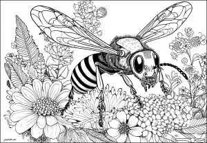 Guêpe Très Réaliste Sur Un Tapis De Fleurs