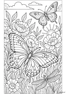 Ballet Dans Les Fleurs. Un grand papillon aux ailes ornementées se pose sur une pivoine centrale, tandis qu'un congénère plus petit virevolte à ses côtés. Une libellule délicate se perche sur une feuille, le tout dans un jardin foisonnant de végétaux détaillés et de nuages légers.