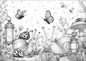 Papillons survolant d'énormes escargots