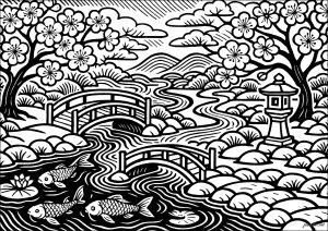 Paysage japonais élégant avec carpes et ponts