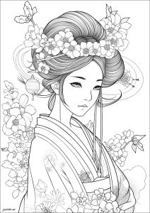 Coloriage geisha et fleurs 2