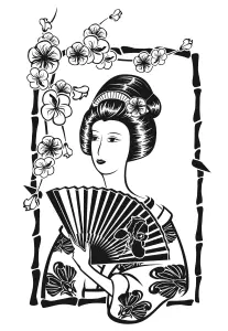Femme japonaise à l'éventail et fleurs de cerisier