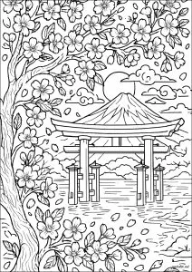 Arbre en fleurs près d'un torii