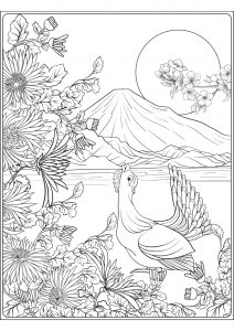 Coloriage mont fuji et oiseau japon