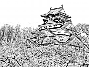 Coloriage temple of the cherry blossom season japon 2