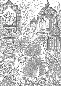 Jardin paisible avec fontaines et paons