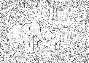 Éléphants majestueux et petits singes près d'une cascade