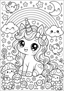 Licorne assise avec un arc-en-ciel. Une licorne assise entourée de nuages et de petits oiseaux, avec un arc-en-ciel au-dessus.