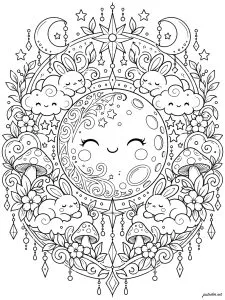 Lune souriante avec lapins et nuages