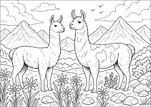 Lamas majestueux en montagne. Deux lamas élégants, l'un blanc et l'autre marron, se reposent dans un alpin fleuri. Les sommets enneigés et les nuages créent un cadre paisible pour cette scène montagnarde détaillée. Lamas majestueux en montagne