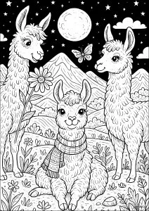 Trio de lamas sous la lune