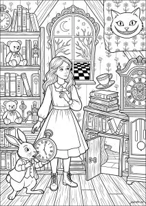 Fille et lapin avec une horloge
